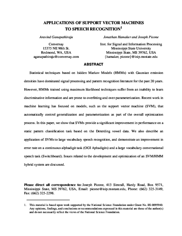 (PDF) Applications of support vector machines to speech recognition