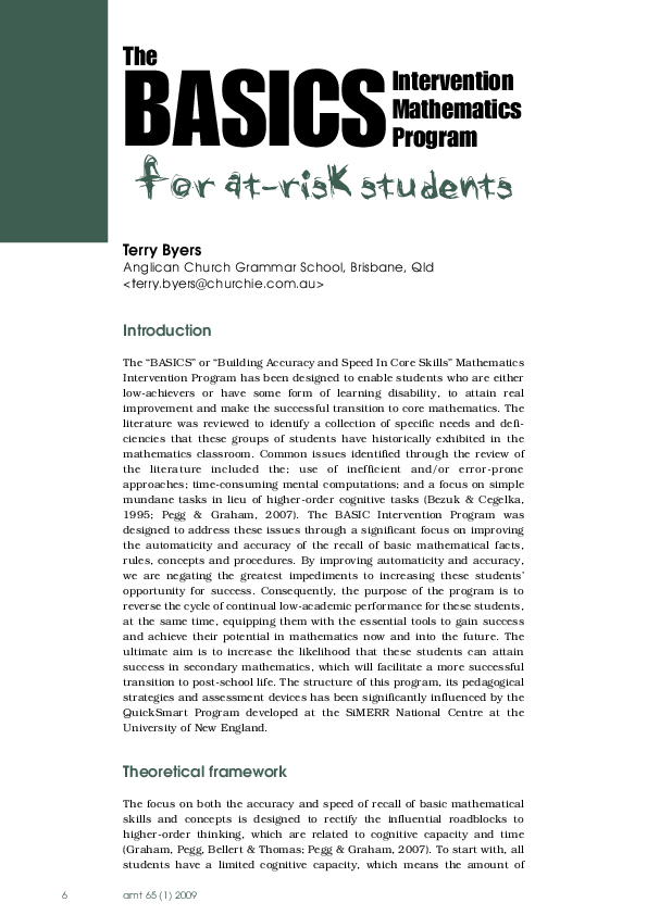 (PDF) The BASICS Intervention Mathematics Program for At-Risk Students