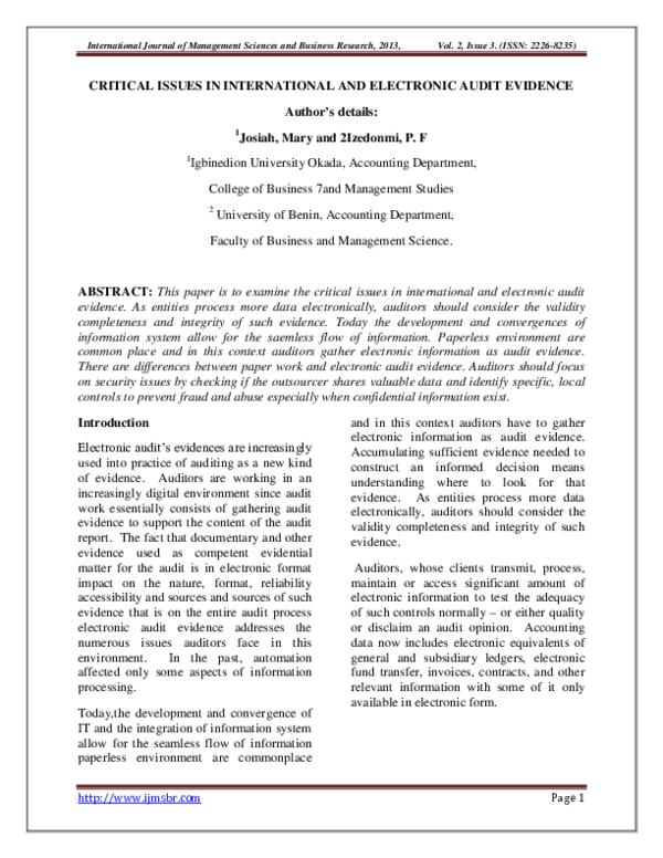 (PDF) Critical Issues in International and Electronic Audit Evidence IJMSBR Open Access