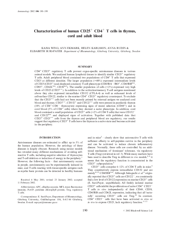 (PDF) Characterization of human CD25+ CD4+ T cells in thymus, cord and ...