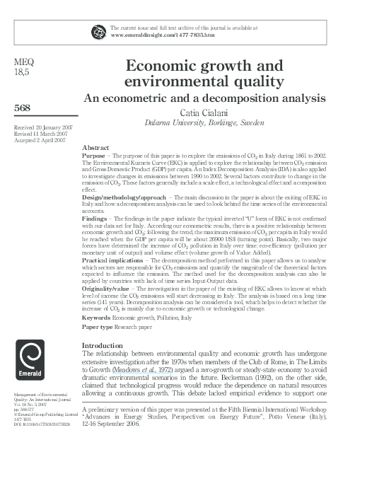 (PDF) Economic growth and environmental quality : An econometric and a ...