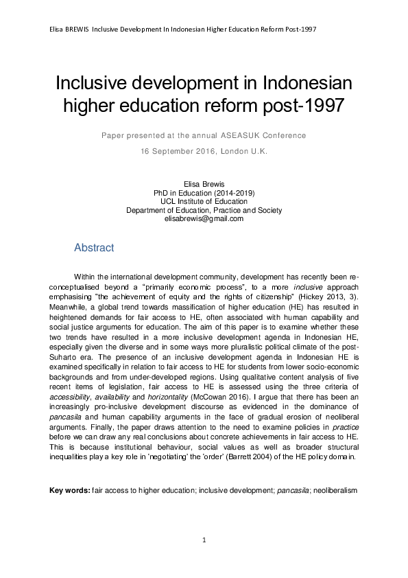 Pdf Inclusive Development In Indonesian Higher Education Reform Post 1997