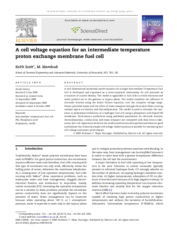 (PDF) A cell voltage equation for an intermediate temperature proton