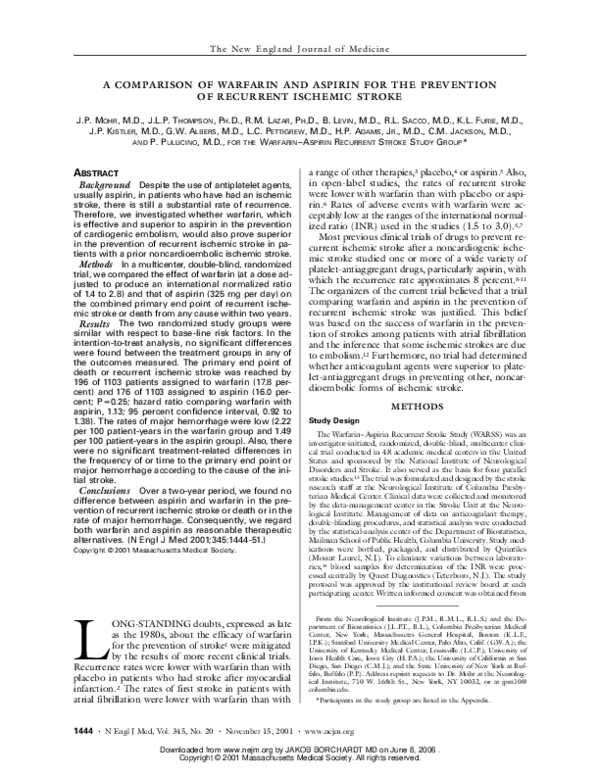 (PDF) A COMPARISON OF WARFARIN AND ASPIRIN FOR THE PREVENTION OF ...