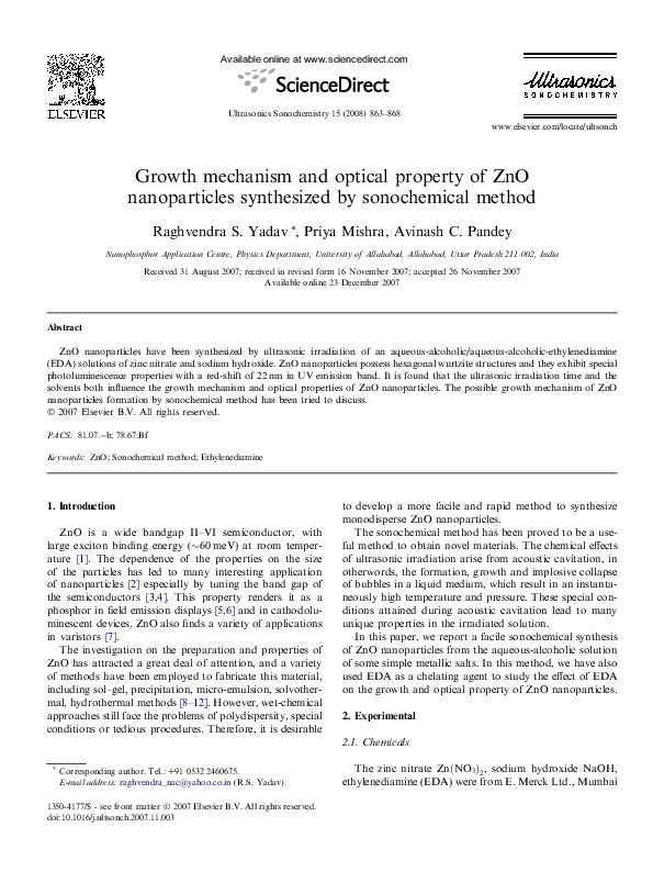 (PDF) Growth mechanism and optical property of ZnO nanoparticles ...