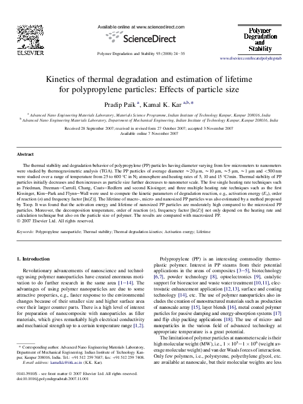 (PDF) Kinetics of thermal degradation and estimation of lifetime for ...