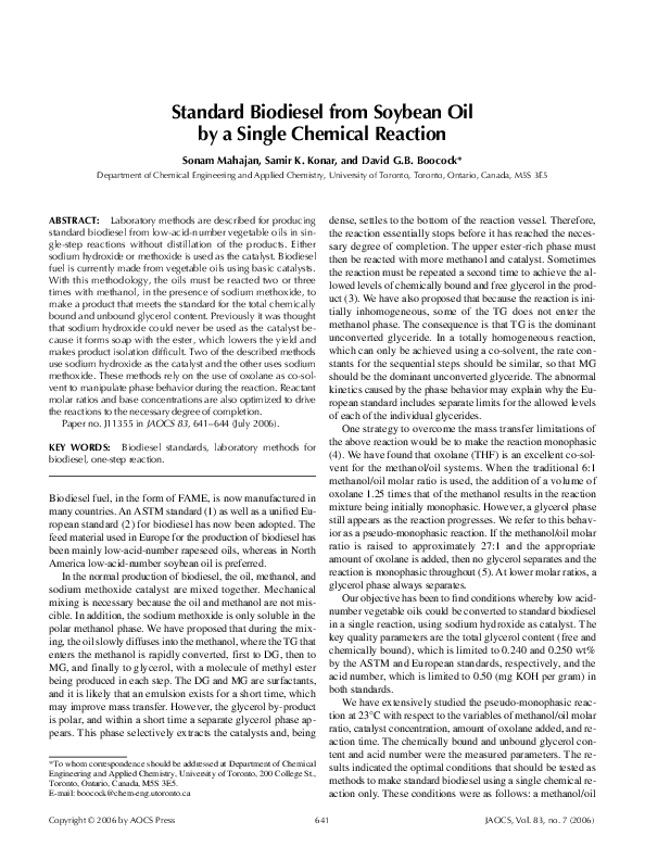 (PDF) Standard biodiesel from soybean oil by a single chemical reaction