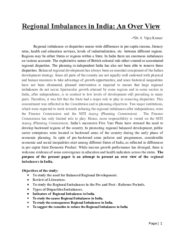 (DOC) Regional Imbalances in India An Over View Vijay Kumar Sarabu Academia.edu