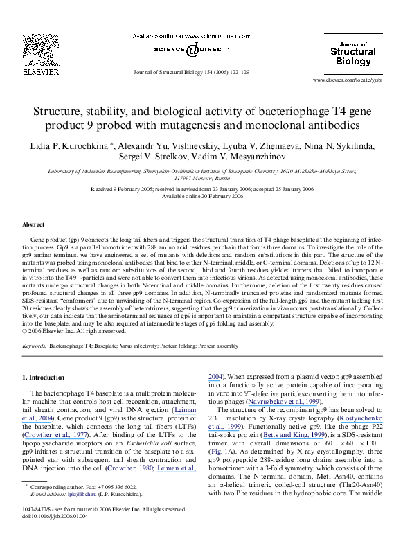 (PDF) Structure, stability, and biological activity of bacteriophage T4 ...