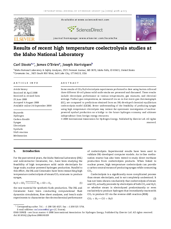 (PDF) Results Of Recent High Temperature CoElectrolysis Studies At The