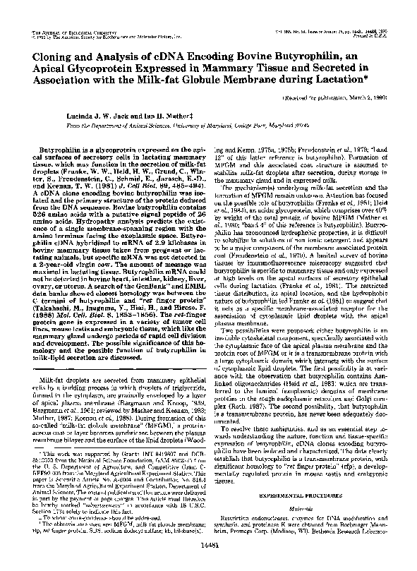 (PDF) Cloning and analysis of cDNA encoding bovine butyrophilin, an ...