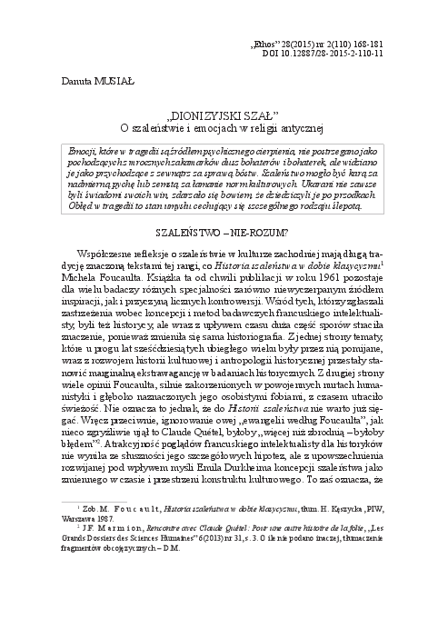 (PDF) " DIONIZYJSKI SZAŁ " O szaleństwie i emocjach w religii antycznej