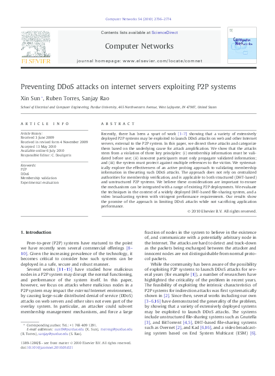 (PDF) Preventing DDoS attacks on internet servers exploiting P2P systems
