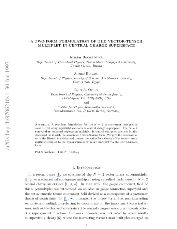 (PDF) A two-form formulation of the vector-tensor multiplet in central ...