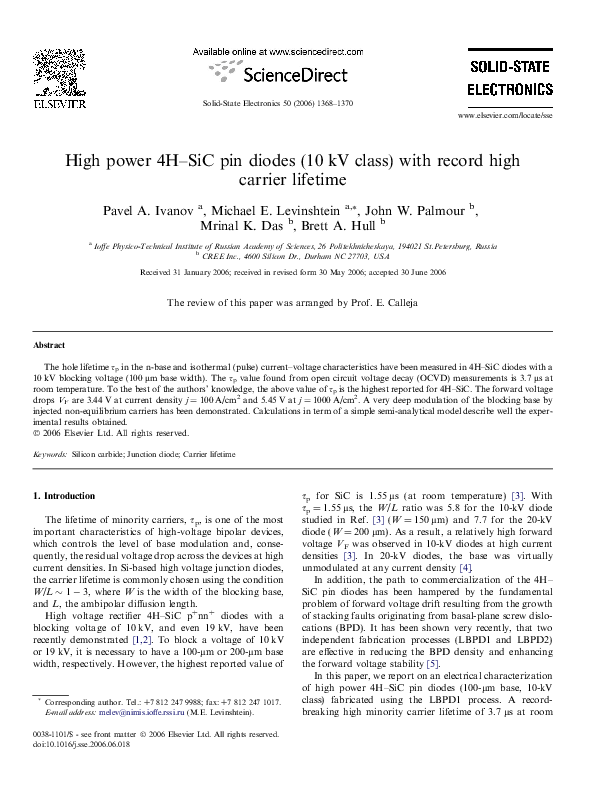 (PDF) High power 4HSiC pin diodes (10kV class) with record high