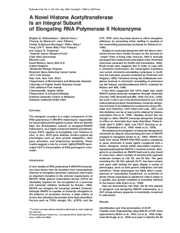 (PDF) A Novel Histone Acetyltransferase Is an Integral Subunit of ...
