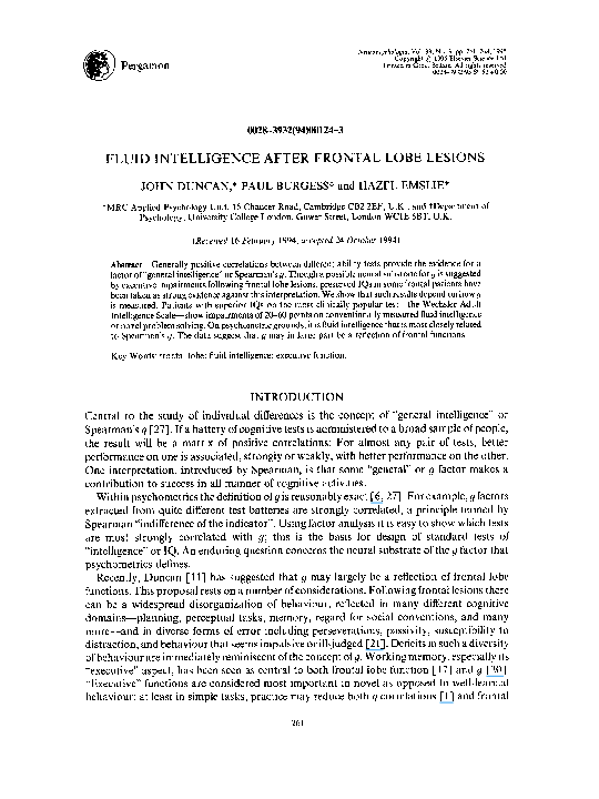 (PDF) Fluid intelligence after frontal lobe lesions