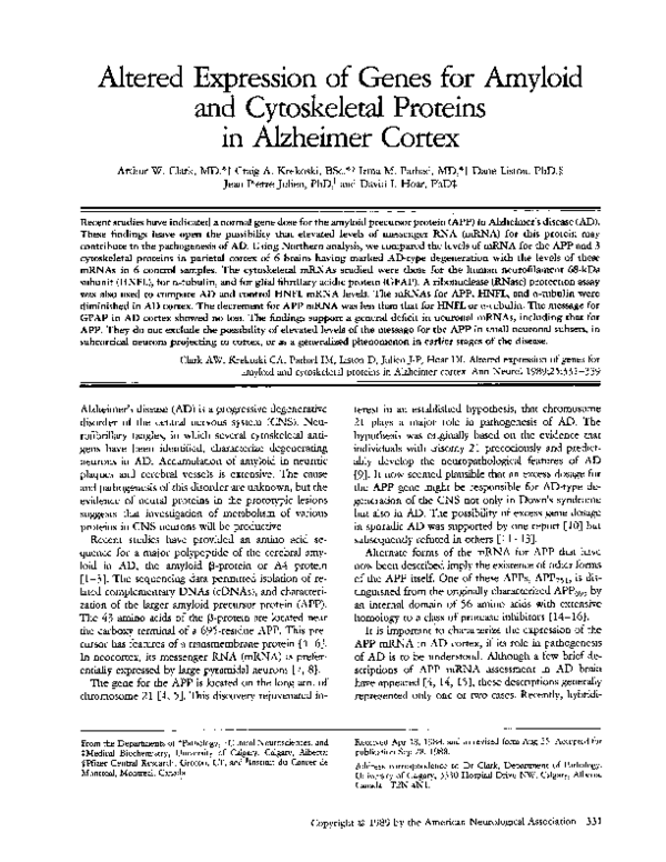 (PDF) Altered expression of genes for amyloid and cytoskeletal proteins ...