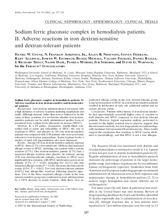 (PDF) Sodium ferric gluconate complex in hemodialysis patients Adverse