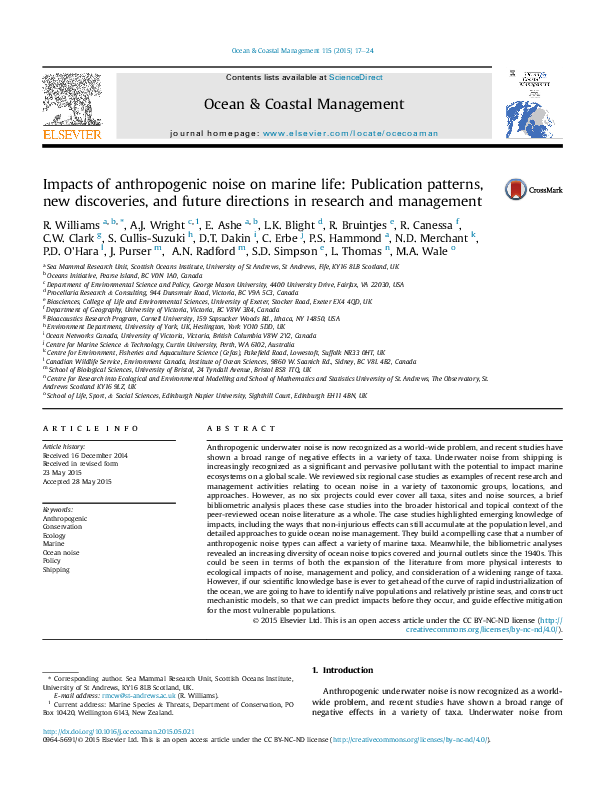 (PDF) Impacts of anthropogenic noise on marine life: Publication ...