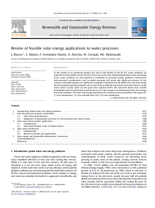 (PDF) Review of feasible solar energy applications to water processes
