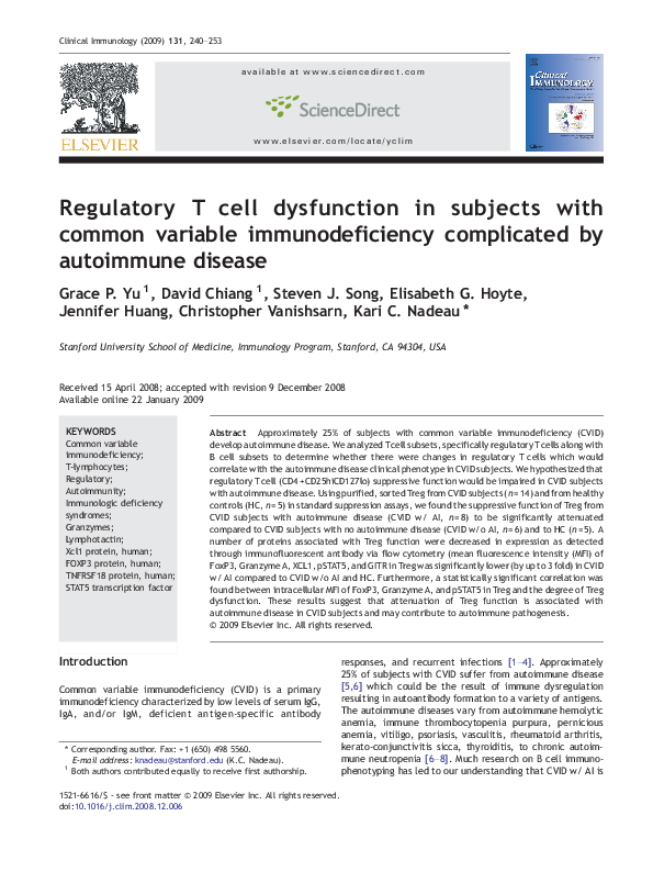 (PDF) Regulatory T cell dysfunction in subjects with common variable ...