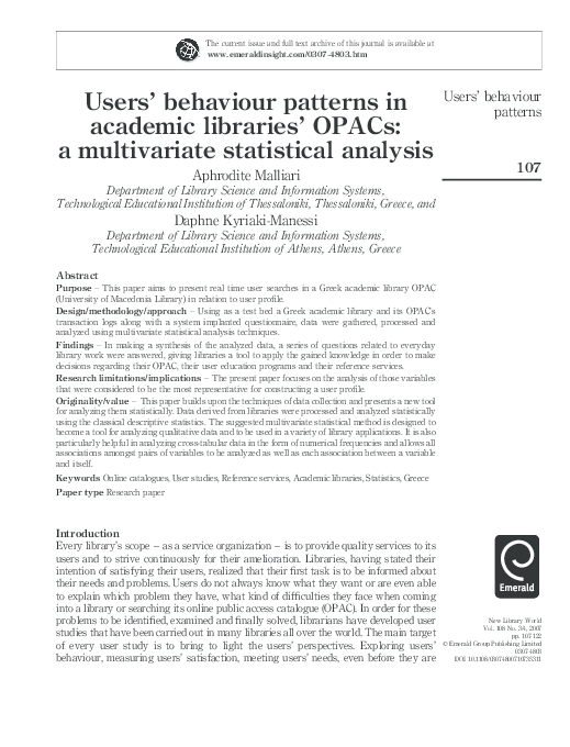 (PDF) Users' behaviour patterns in academic libraries' OPACs: a ...