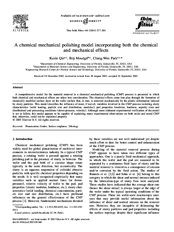 (PDF) A chemical mechanical polishing model incorporating both the ...