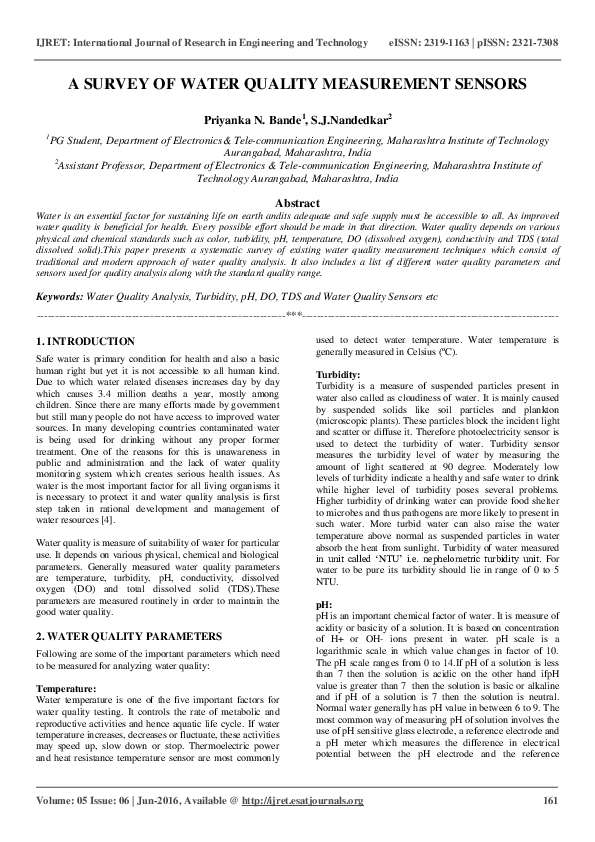 (PDF) A SURVEY OF WATER QUALITY MEASUREMENT SENSORS eSAT Journals