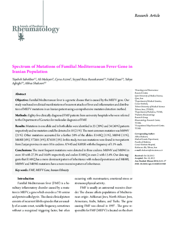 (PDF) Spectrum of mutations of familial Mediterranean fever gene in ...