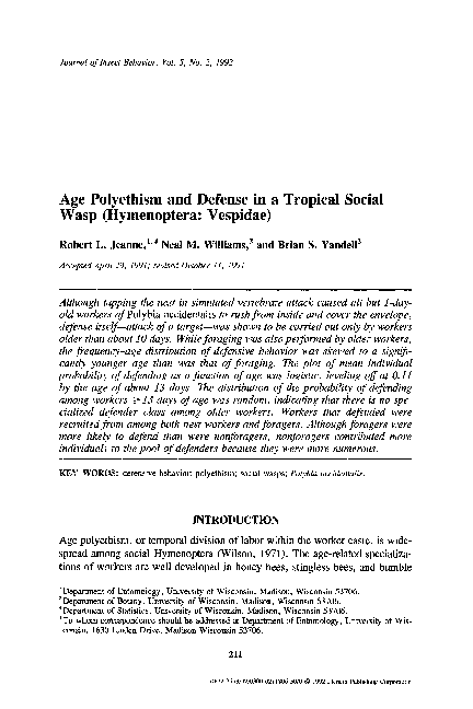 (PDF) Age polyethism and defense in a tropical social wasp (Hymenoptera ...