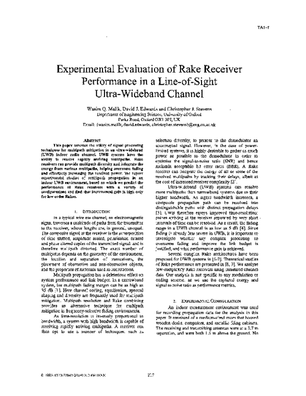 (PDF) Experimental evaluation of RAKE receiver performance in a line-of ...