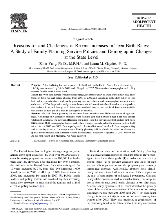 Reasons for and Challenges of Recent Increases in Teen Birth Rates: A Study of Family Planning Service Policies and Demographic Changes at the State Level