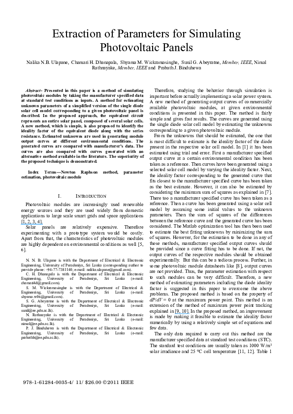 (PDF) Extraction of parameters for simulating photovoltaic panels