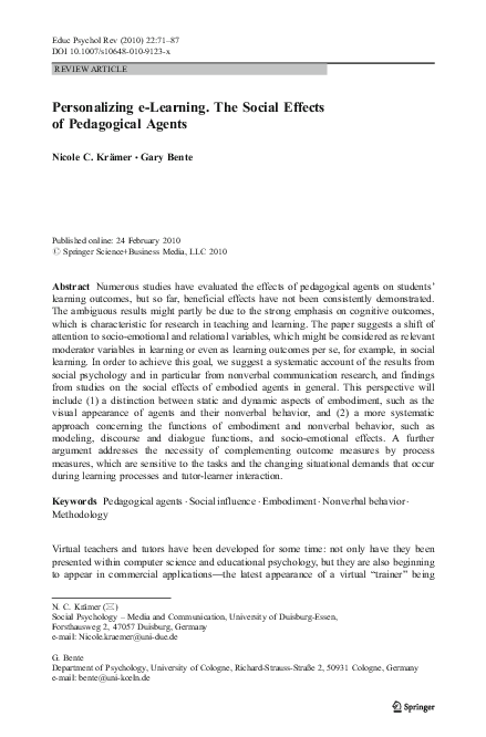 (PDF) Personalizing e-Learning. The Social Effects of Pedagogical Agents