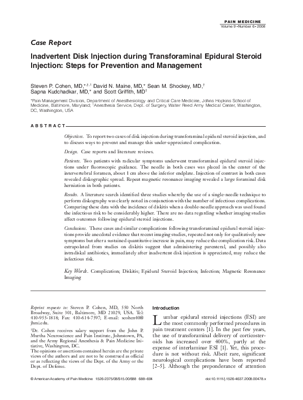 (PDF) Inadvertent Disk Injection during Transforaminal Epidural Steroid ...