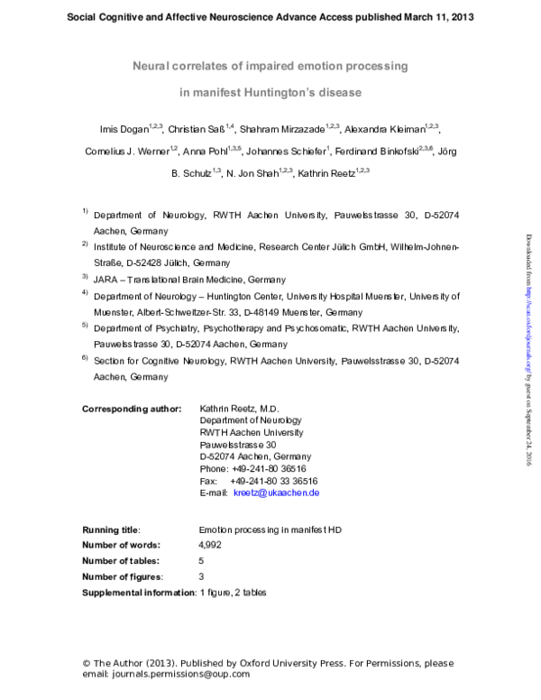 (PDF) Neural correlates of impaired emotion processing in manifest ...