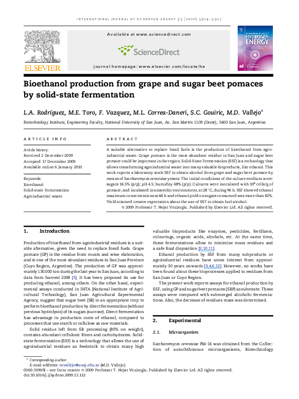 (PDF) Bioethanol production from grape and sugar beet pomaces by solid ...
