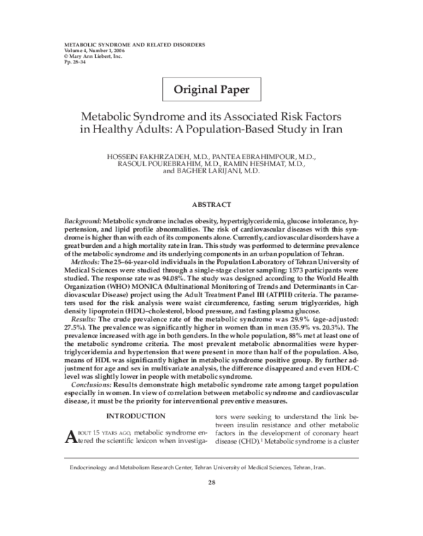 (PDF) Metabolic Syndrome and its Associated Risk Factors in Healthy ...