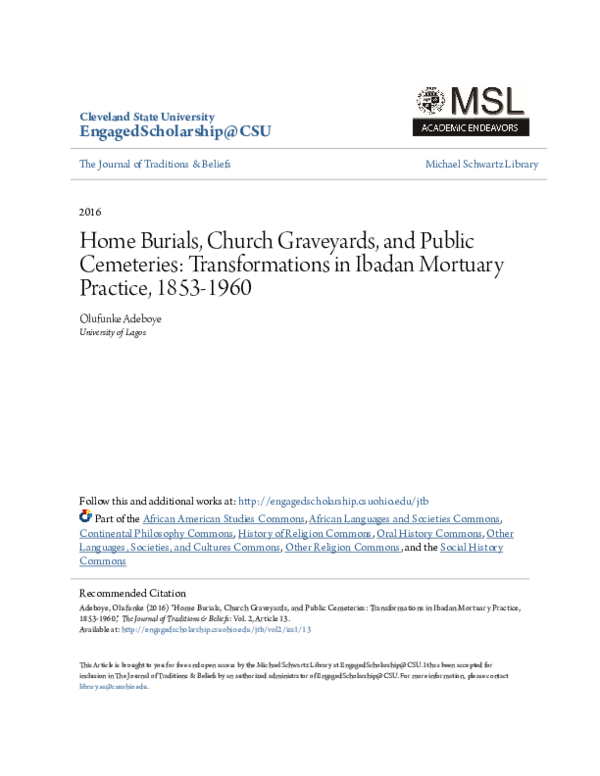 (PDF) Home Burials Church Graveyards and Public Cemeteries OLUFUNKE