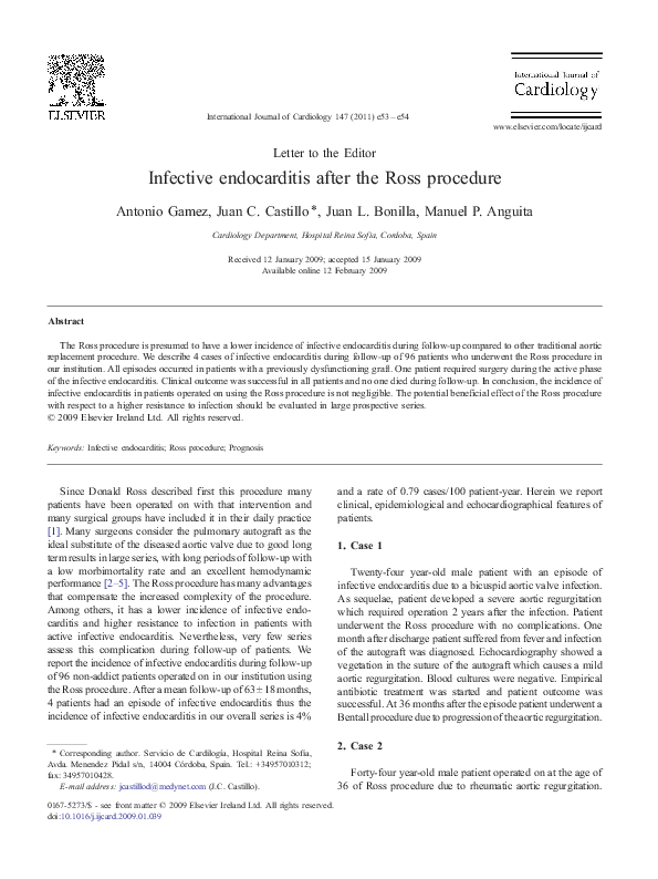 (PDF) Infective endocarditis after the Ross procedure