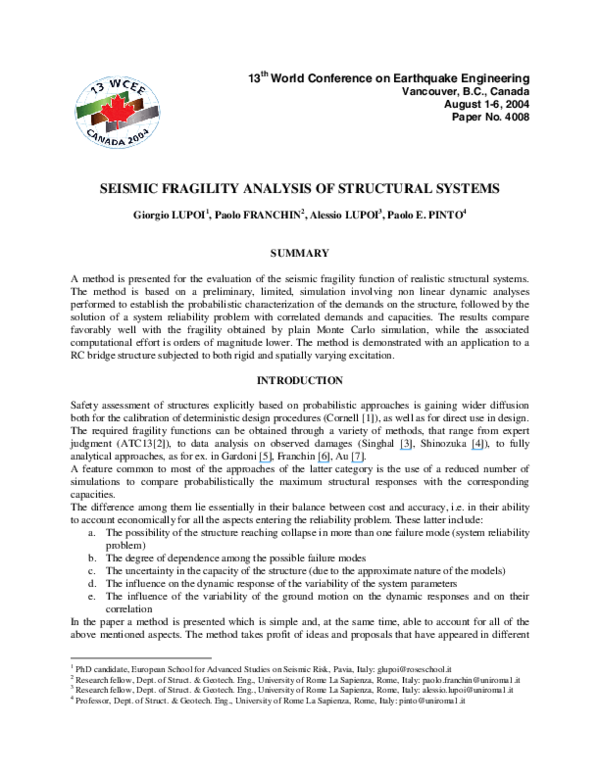 (PDF) Seismic Fragility Analysis of Structural Systems