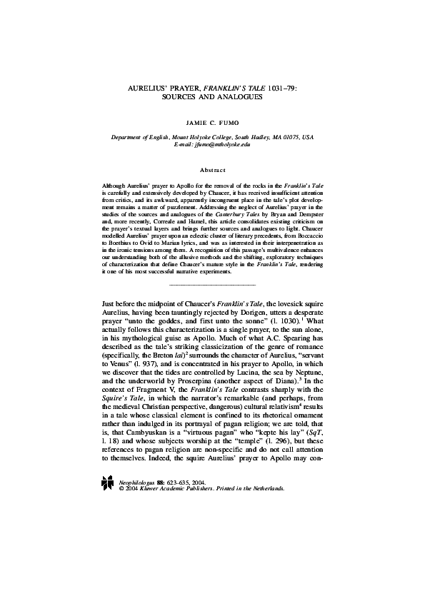 Aurelius' Prayer, Franklin's Tale 1031–79: Sources and Analogues