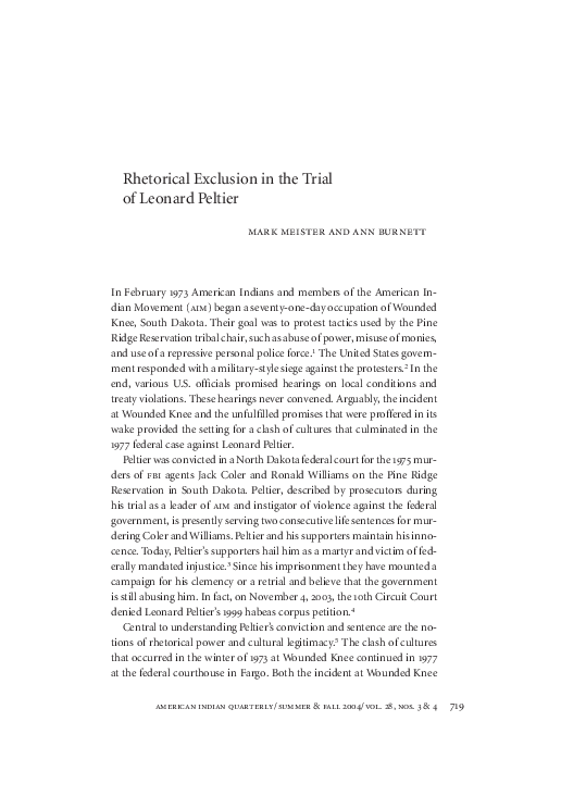 (PDF) Rhetorical Exclusion in the Trial of Leonard Peltier