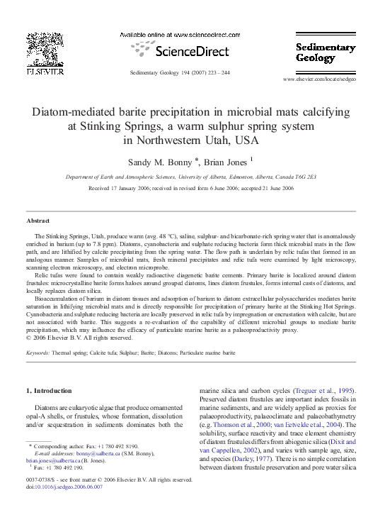 (PDF) Diatommediated barite precipitation in microbial mats calcifying
