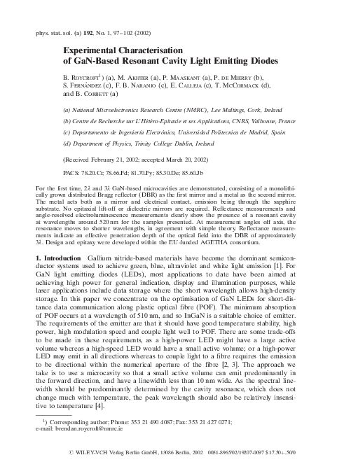 (PDF) Experimental Characterisation of GaN-Based Resonant Cavity Light ...