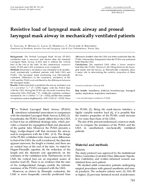 (PDF) Resistive load of laryngeal mask airway and proseal laryngeal
