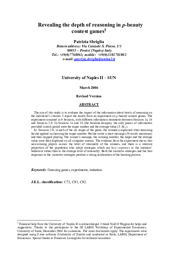 (PDF) Revealing the depth of reasoning in p beauty contest ...