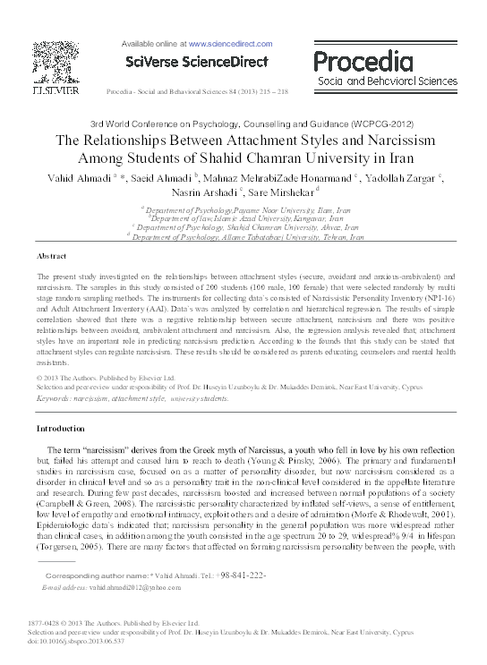 (PDF) The Relationships Between Attachment Styles and Narcissism among ...