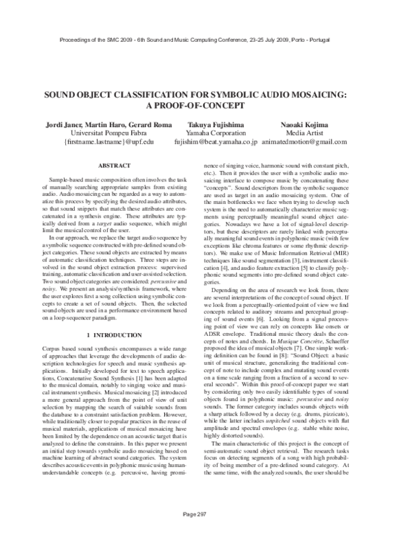 (PDF) SOUND OBJECT CLASSIFICATION FOR SYMBOLIC AUDIO MOSAICING: A PROOF ...